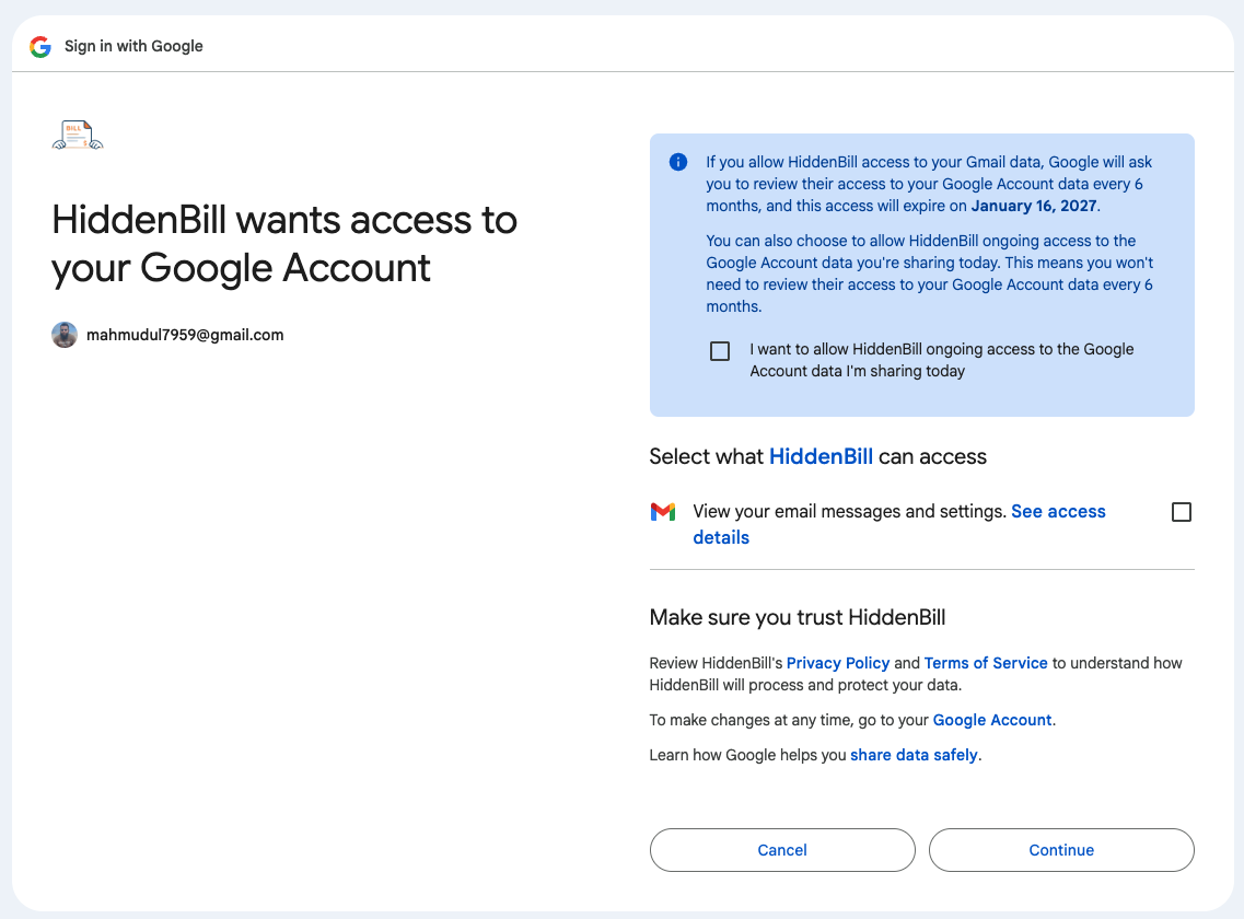 Mock Google consent screen showing HiddenBill read-only Gmail access